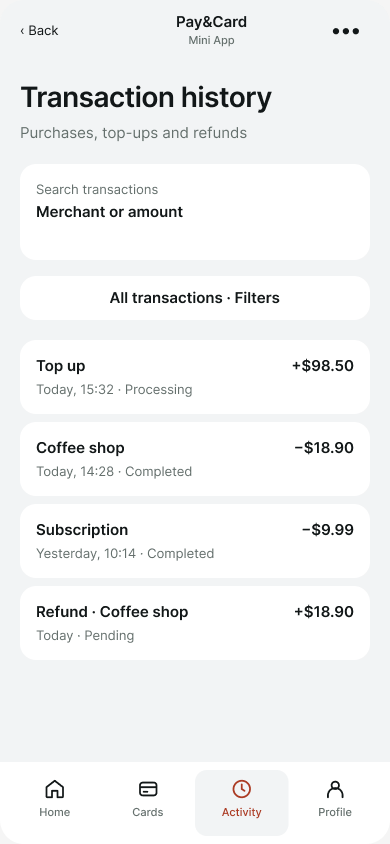 Pantalla del historial de transacciones de Pay&Card con actividad de ejemplo