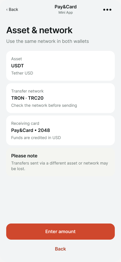 Pantalla de financiación de Pay&Card que muestra un activo y una red de ejemplo